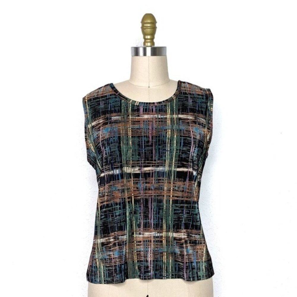 VINTAGE 90s Green/Black Plissé Pleated Abstract Plaid Shell Tank Top Small
